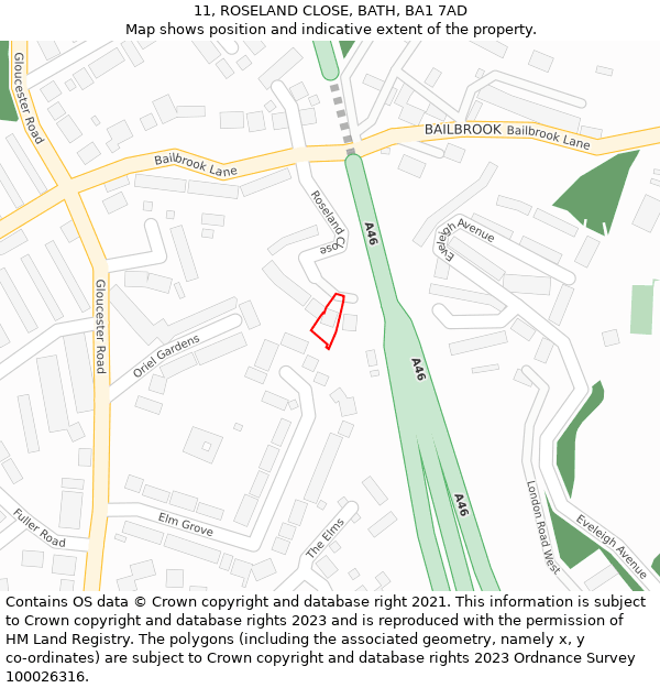 11, ROSELAND CLOSE, BATH, BA1 7AD: Location map and indicative extent of plot