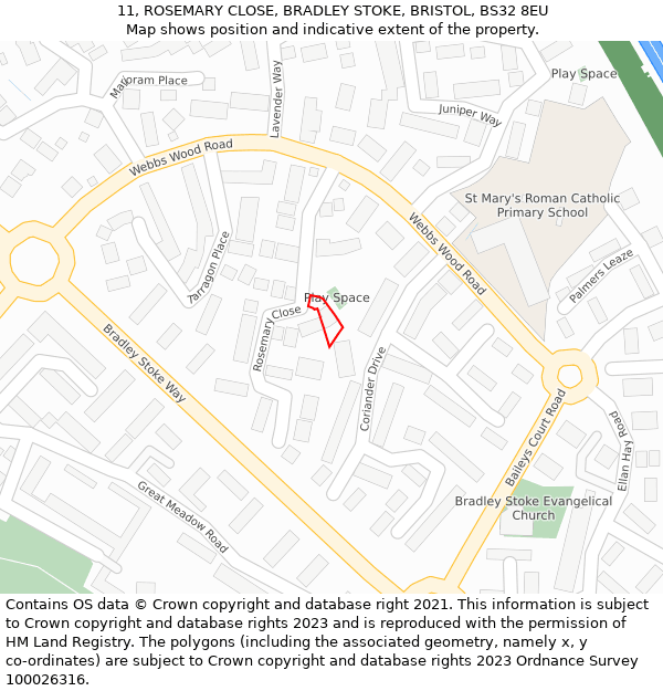 11, ROSEMARY CLOSE, BRADLEY STOKE, BRISTOL, BS32 8EU: Location map and indicative extent of plot