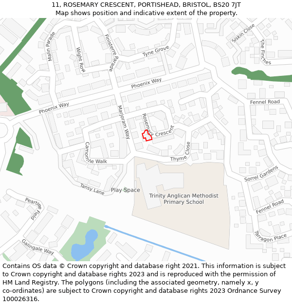 11, ROSEMARY CRESCENT, PORTISHEAD, BRISTOL, BS20 7JT: Location map and indicative extent of plot