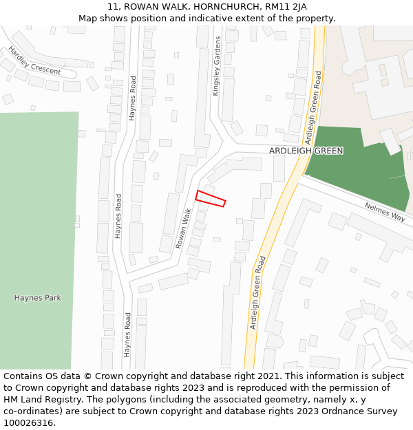 11, ROWAN WALK, HORNCHURCH, RM11 2JA: Location map and indicative extent of plot