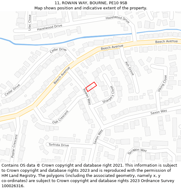 11, ROWAN WAY, BOURNE, PE10 9SB: Location map and indicative extent of plot
