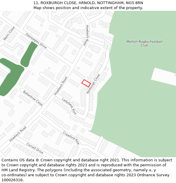 11, ROXBURGH CLOSE, ARNOLD, NOTTINGHAM, NG5 8RN: Location map and indicative extent of plot