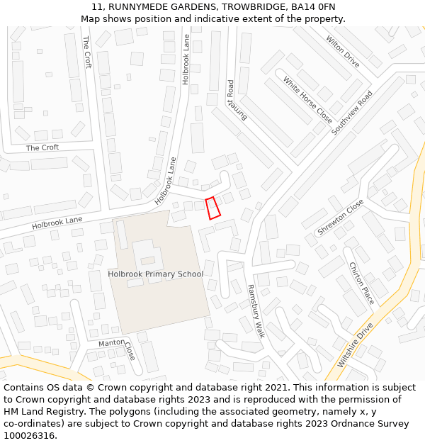 11, RUNNYMEDE GARDENS, TROWBRIDGE, BA14 0FN: Location map and indicative extent of plot