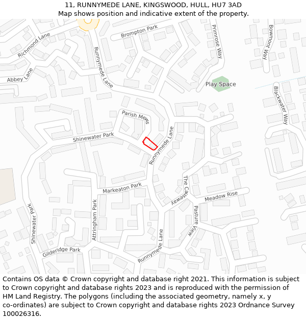 11, RUNNYMEDE LANE, KINGSWOOD, HULL, HU7 3AD: Location map and indicative extent of plot