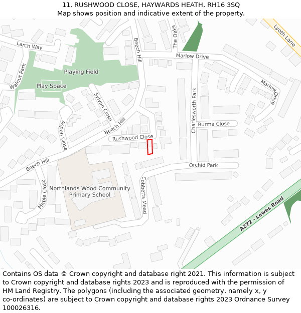 11, RUSHWOOD CLOSE, HAYWARDS HEATH, RH16 3SQ: Location map and indicative extent of plot