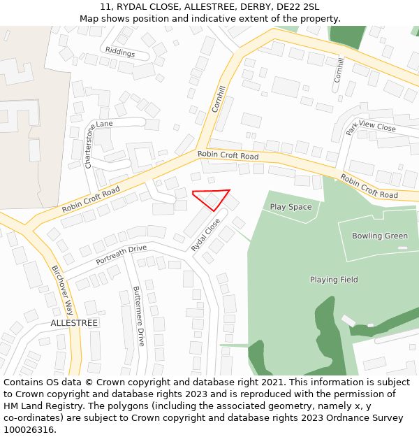 11, RYDAL CLOSE, ALLESTREE, DERBY, DE22 2SL: Location map and indicative extent of plot