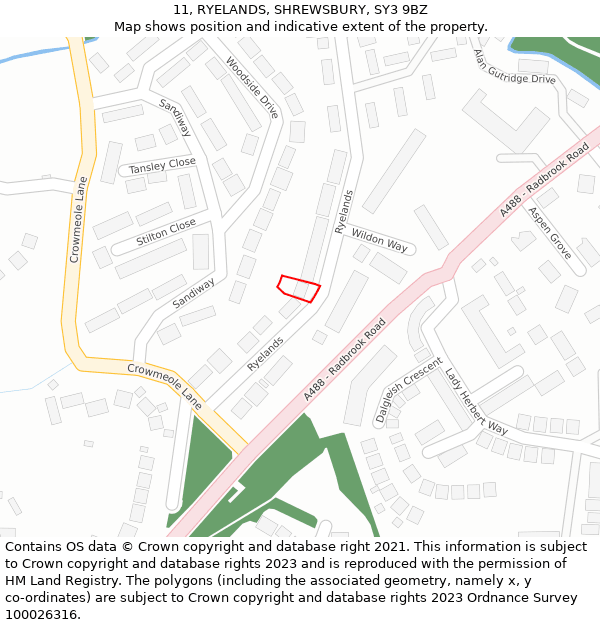 11, RYELANDS, SHREWSBURY, SY3 9BZ: Location map and indicative extent of plot