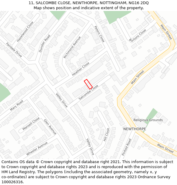 11, SALCOMBE CLOSE, NEWTHORPE, NOTTINGHAM, NG16 2DQ: Location map and indicative extent of plot