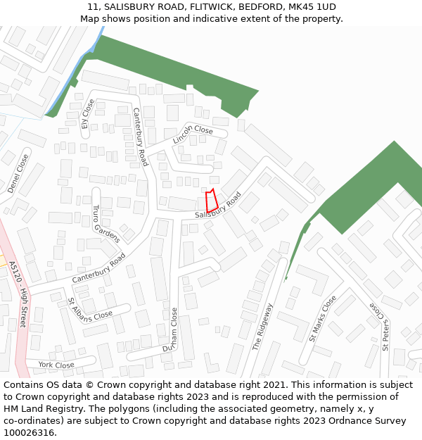11, SALISBURY ROAD, FLITWICK, BEDFORD, MK45 1UD: Location map and indicative extent of plot