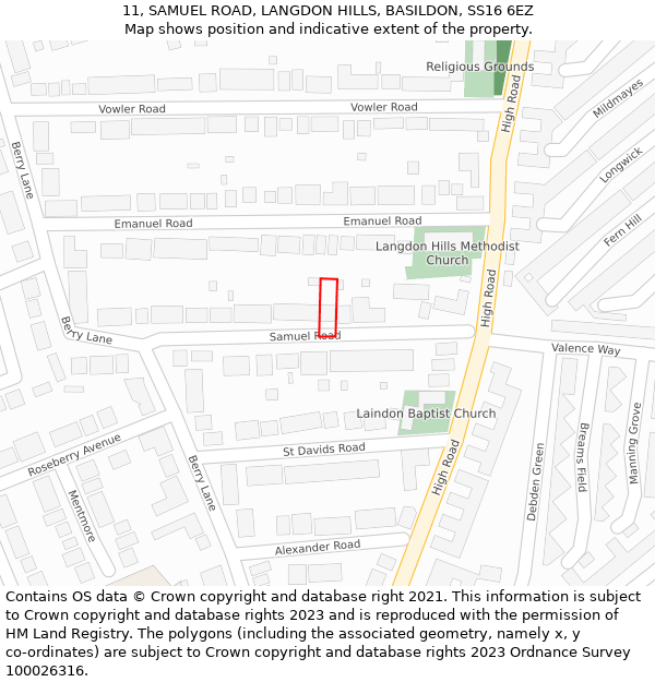 11, SAMUEL ROAD, LANGDON HILLS, BASILDON, SS16 6EZ: Location map and indicative extent of plot