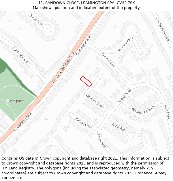 11, SANDOWN CLOSE, LEAMINGTON SPA, CV32 7SX: Location map and indicative extent of plot