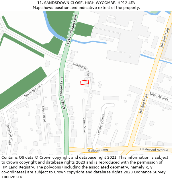 11, SANDSDOWN CLOSE, HIGH WYCOMBE, HP12 4FA: Location map and indicative extent of plot