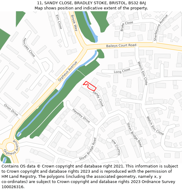 11, SANDY CLOSE, BRADLEY STOKE, BRISTOL, BS32 8AJ: Location map and indicative extent of plot