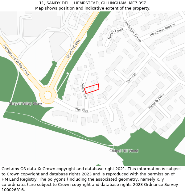 11, SANDY DELL, HEMPSTEAD, GILLINGHAM, ME7 3SZ: Location map and indicative extent of plot