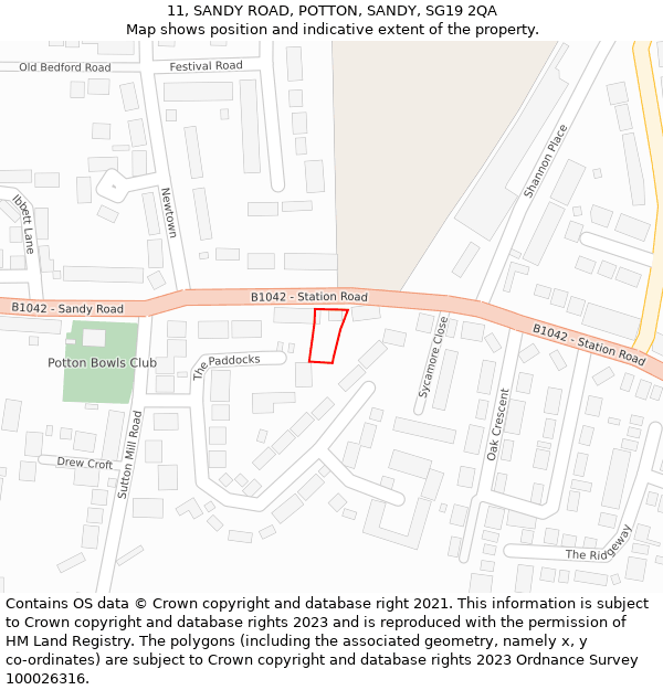 11, SANDY ROAD, POTTON, SANDY, SG19 2QA: Location map and indicative extent of plot