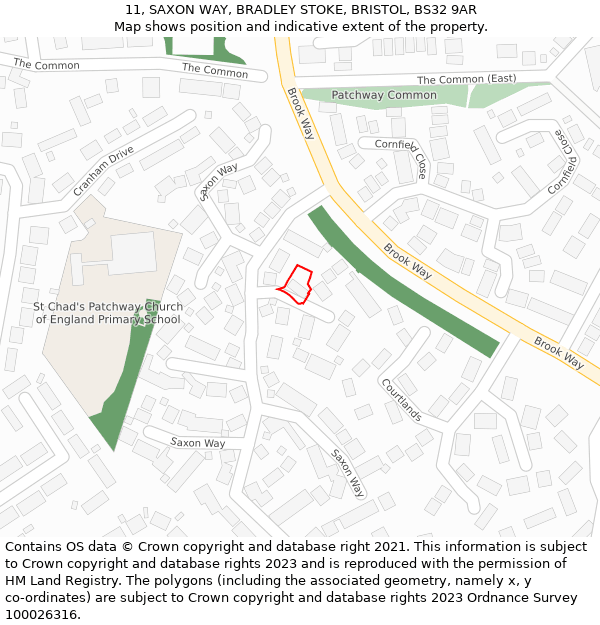 11, SAXON WAY, BRADLEY STOKE, BRISTOL, BS32 9AR: Location map and indicative extent of plot