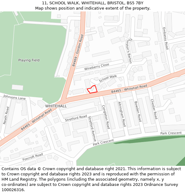 11, SCHOOL WALK, WHITEHALL, BRISTOL, BS5 7BY: Location map and indicative extent of plot