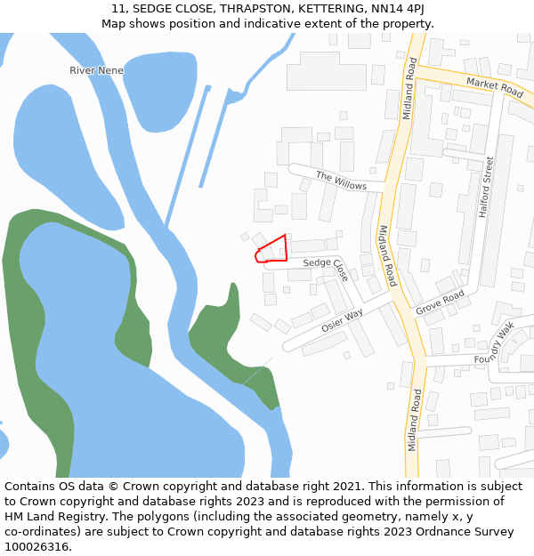 11, SEDGE CLOSE, THRAPSTON, KETTERING, NN14 4PJ: Location map and indicative extent of plot