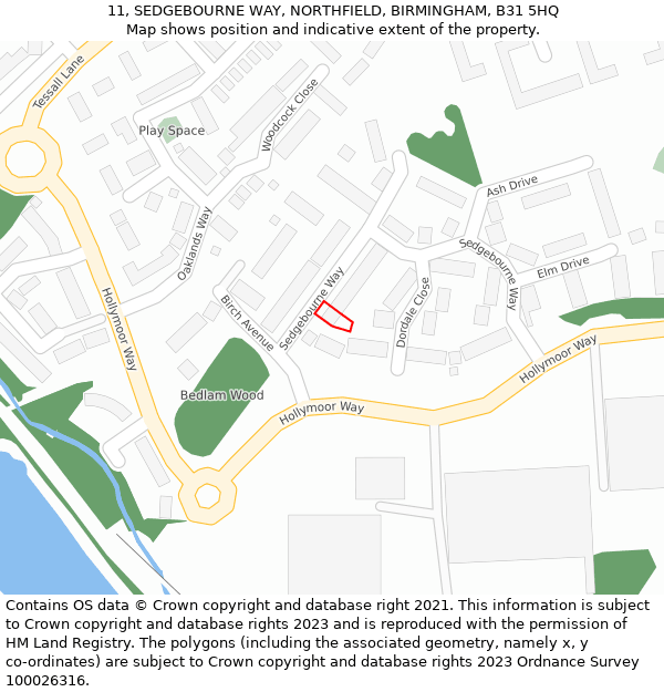 11, SEDGEBOURNE WAY, NORTHFIELD, BIRMINGHAM, B31 5HQ: Location map and indicative extent of plot