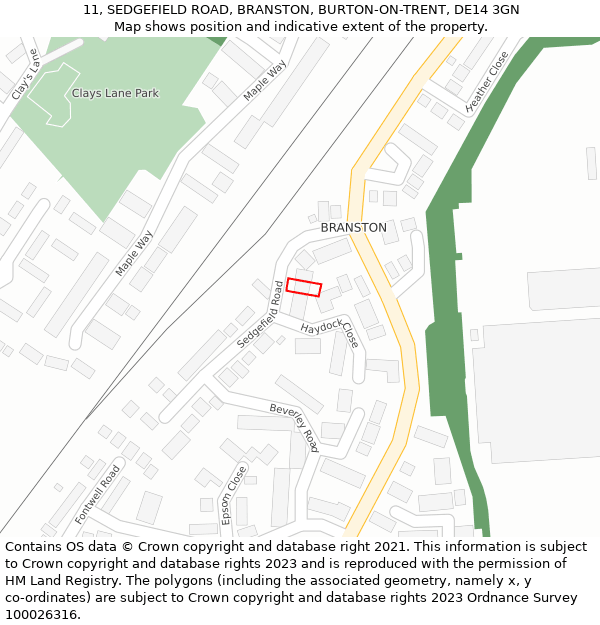 11, SEDGEFIELD ROAD, BRANSTON, BURTON-ON-TRENT, DE14 3GN: Location map and indicative extent of plot