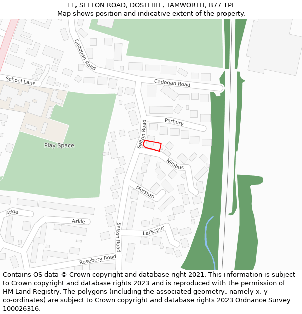 11, SEFTON ROAD, DOSTHILL, TAMWORTH, B77 1PL: Location map and indicative extent of plot