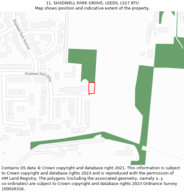 11, SHADWELL PARK GROVE, LEEDS, LS17 8TU: Location map and indicative extent of plot