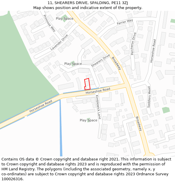 11, SHEARERS DRIVE, SPALDING, PE11 3ZJ: Location map and indicative extent of plot