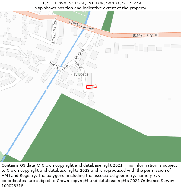 11, SHEEPWALK CLOSE, POTTON, SANDY, SG19 2XX: Location map and indicative extent of plot