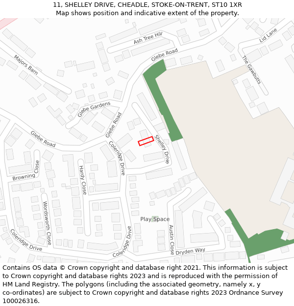 11, SHELLEY DRIVE, CHEADLE, STOKE-ON-TRENT, ST10 1XR: Location map and indicative extent of plot