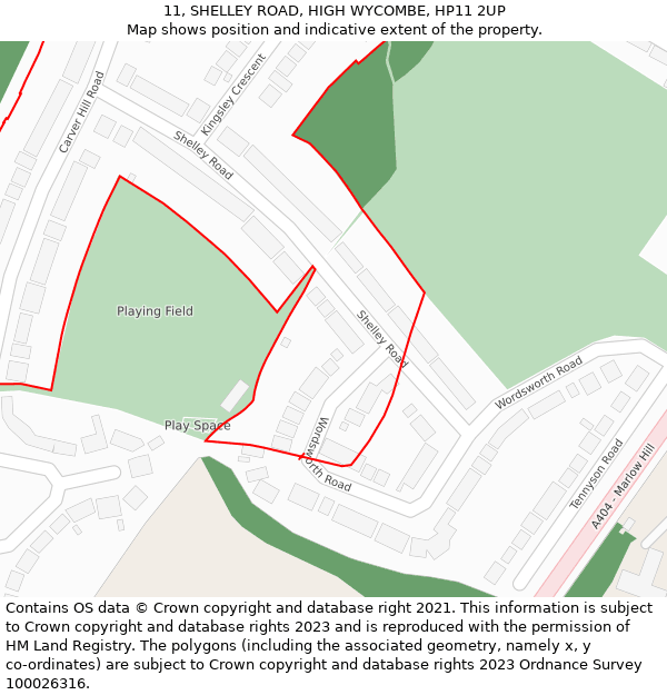 11, SHELLEY ROAD, HIGH WYCOMBE, HP11 2UP: Location map and indicative extent of plot