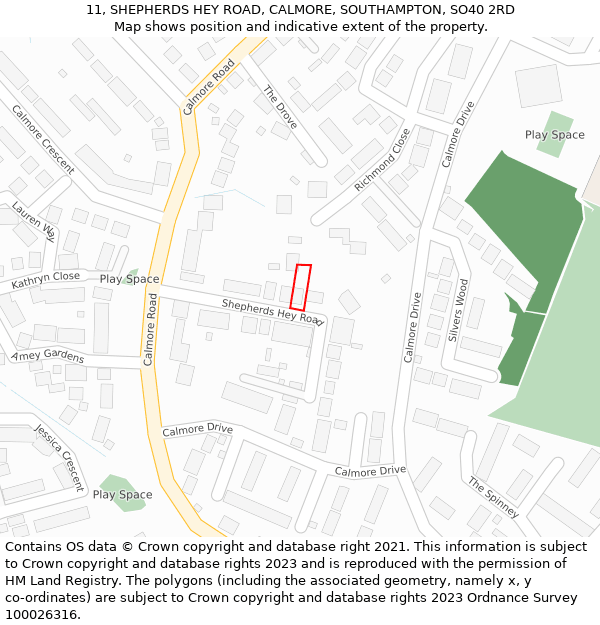 11, SHEPHERDS HEY ROAD, CALMORE, SOUTHAMPTON, SO40 2RD: Location map and indicative extent of plot