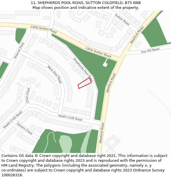 11, SHEPHERDS POOL ROAD, SUTTON COLDFIELD, B75 6NB: Location map and indicative extent of plot