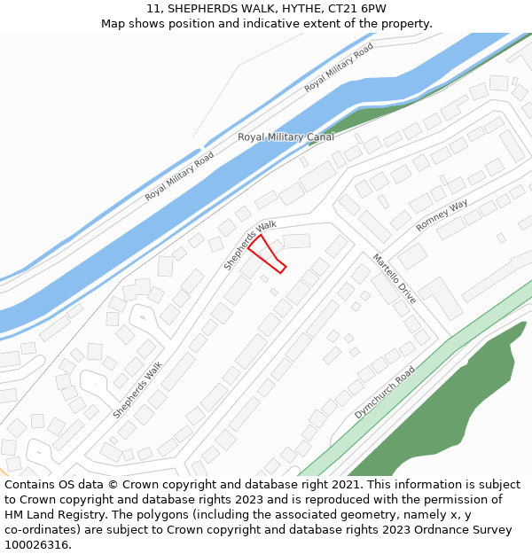 11, SHEPHERDS WALK, HYTHE, CT21 6PW: Location map and indicative extent of plot