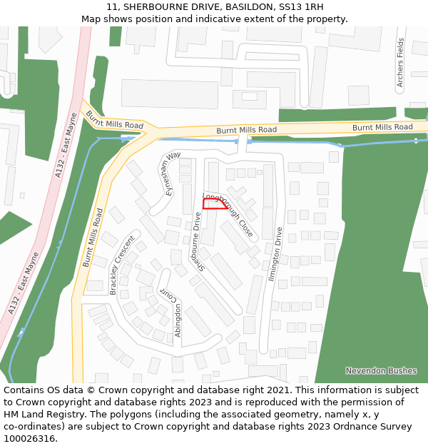 11, SHERBOURNE DRIVE, BASILDON, SS13 1RH: Location map and indicative extent of plot