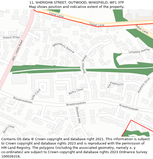 11, SHERIDAN STREET, OUTWOOD, WAKEFIELD, WF1 3TP: Location map and indicative extent of plot