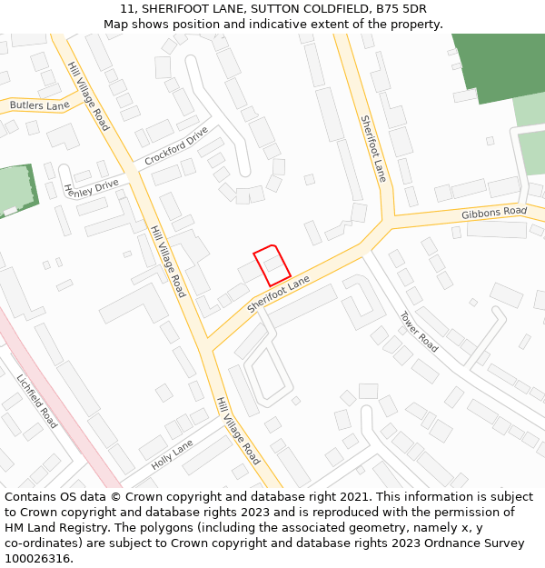 11, SHERIFOOT LANE, SUTTON COLDFIELD, B75 5DR: Location map and indicative extent of plot