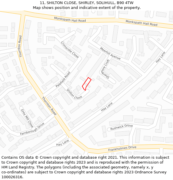 11, SHILTON CLOSE, SHIRLEY, SOLIHULL, B90 4TW: Location map and indicative extent of plot