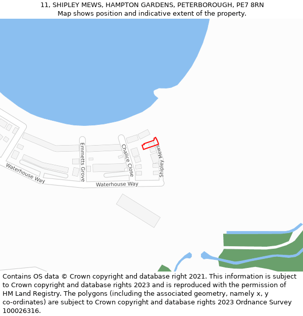 11, SHIPLEY MEWS, HAMPTON GARDENS, PETERBOROUGH, PE7 8RN: Location map and indicative extent of plot
