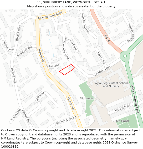 11, SHRUBBERY LANE, WEYMOUTH, DT4 9LU: Location map and indicative extent of plot