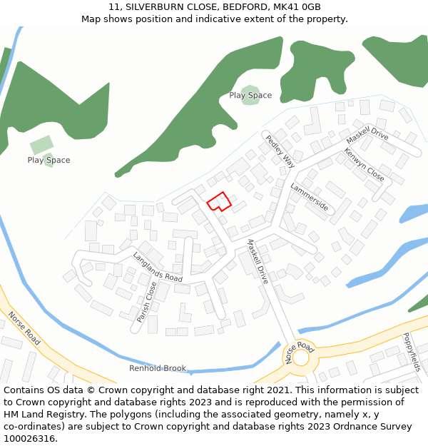 11, SILVERBURN CLOSE, BEDFORD, MK41 0GB: Location map and indicative extent of plot