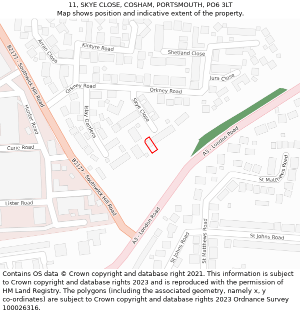 11, SKYE CLOSE, COSHAM, PORTSMOUTH, PO6 3LT: Location map and indicative extent of plot