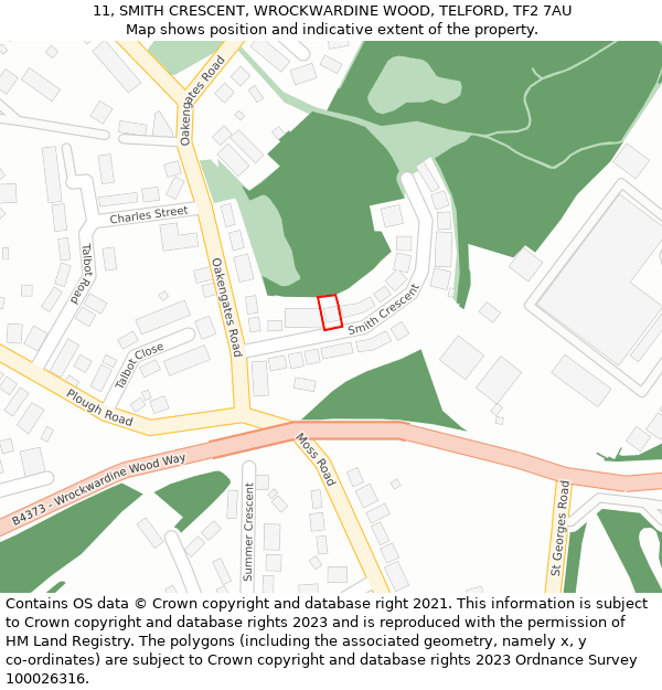 11, SMITH CRESCENT, WROCKWARDINE WOOD, TELFORD, TF2 7AU: Location map and indicative extent of plot