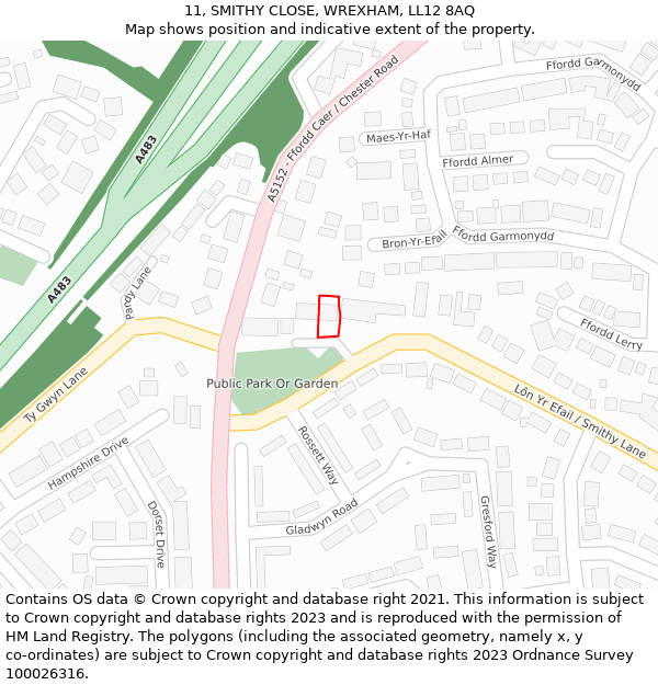 11, SMITHY CLOSE, WREXHAM, LL12 8AQ: Location map and indicative extent of plot