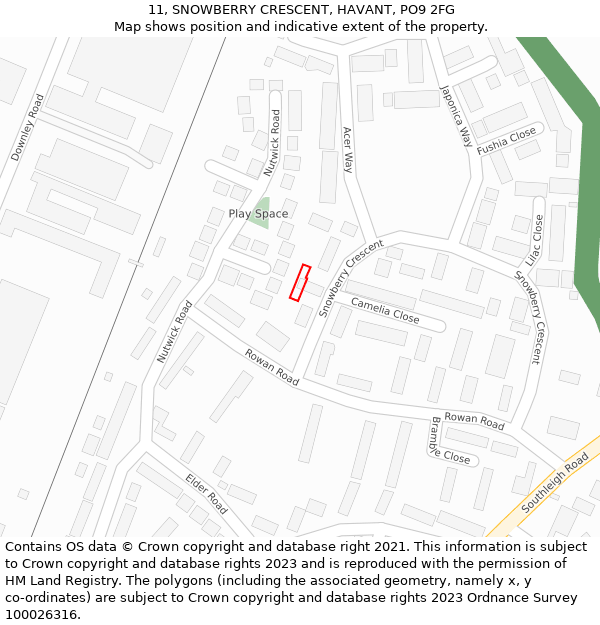 11, SNOWBERRY CRESCENT, HAVANT, PO9 2FG: Location map and indicative extent of plot