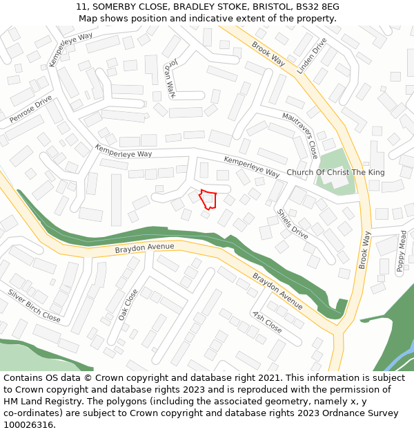 11, SOMERBY CLOSE, BRADLEY STOKE, BRISTOL, BS32 8EG: Location map and indicative extent of plot