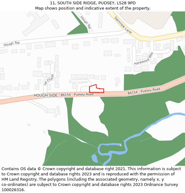 11, SOUTH SIDE RIDGE, PUDSEY, LS28 9PD: Location map and indicative extent of plot