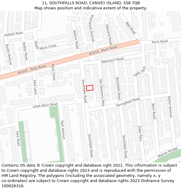 11, SOUTHFALLS ROAD, CANVEY ISLAND, SS8 7QB: Location map and indicative extent of plot