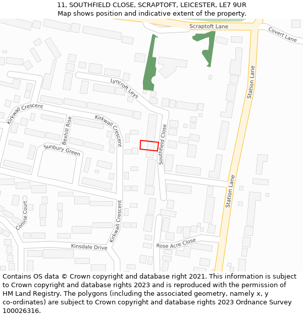 11, SOUTHFIELD CLOSE, SCRAPTOFT, LEICESTER, LE7 9UR: Location map and indicative extent of plot