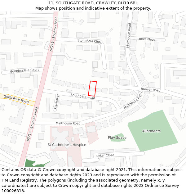 11, SOUTHGATE ROAD, CRAWLEY, RH10 6BL: Location map and indicative extent of plot