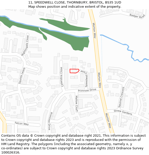 11, SPEEDWELL CLOSE, THORNBURY, BRISTOL, BS35 1UD: Location map and indicative extent of plot